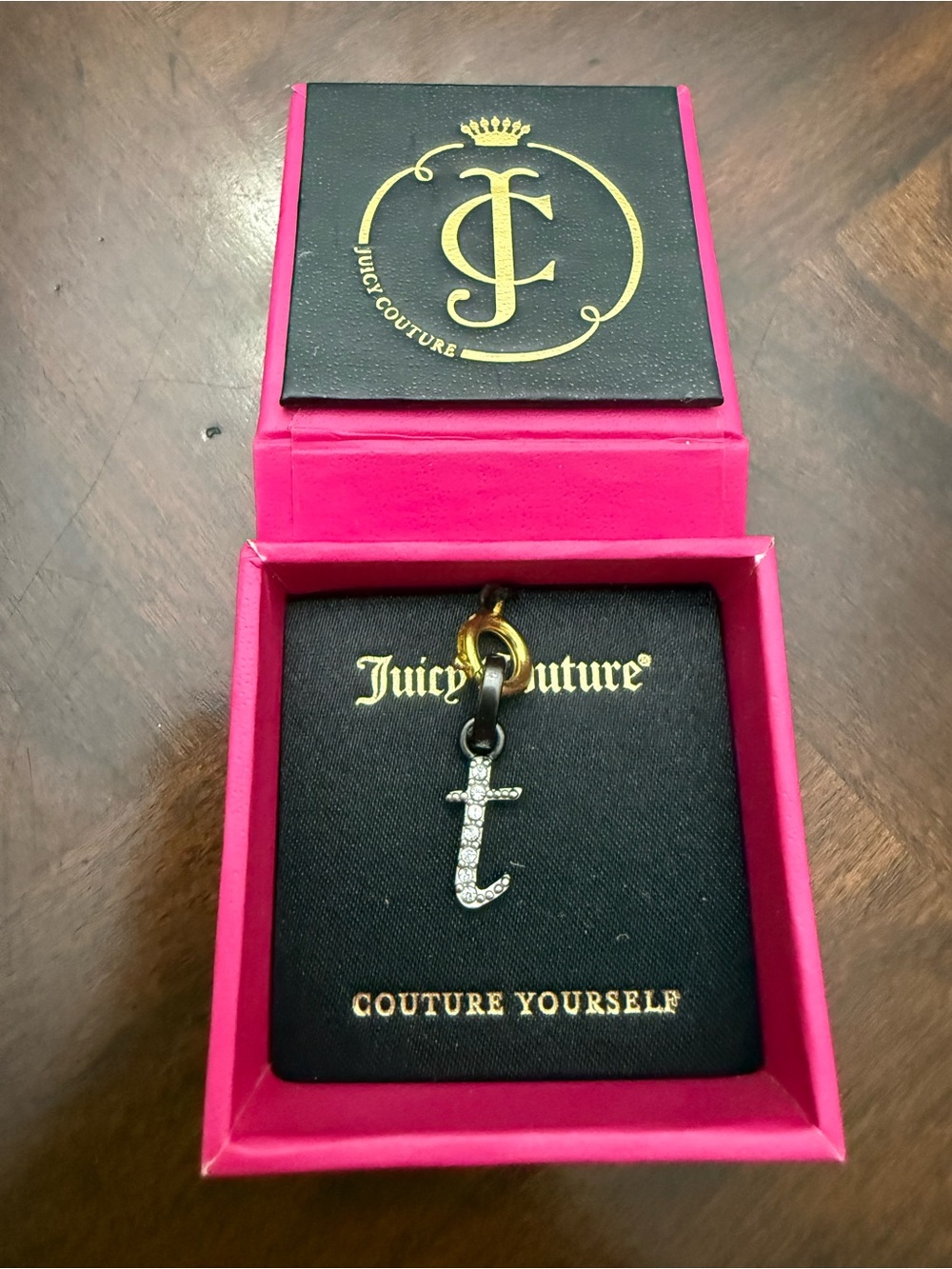 Vintage Juicy Couture Gold and Silver 'T' Initial Charm Pendant - Pink Box